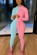 Baby Blue Sexy Solid Patchwork Hooded Collar Long Sleeve Two Pieces
