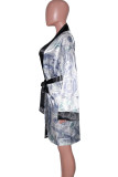 Black Fashion Casual Adult Print Patchwork With Belt V Neck Outerwear