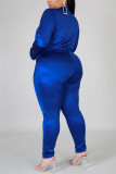 Conjunto de gola alta plus size azul fashion casual sólido básico