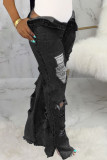 Черная сексуальная однотонная рваная джинсовая ткань с высокой талией