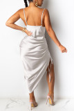 ホワイトファッションセクシーなソリッドドローストリングスパゲッティストラップスリングドレス