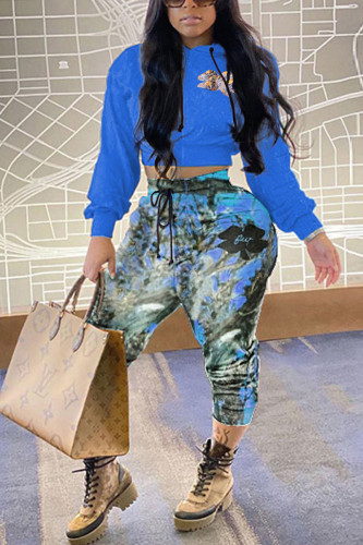 Blue Fashion Casual Print Two Pieces