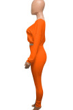 Orange Active Europe and America Street Solid Skinny Long Sleeve Two Pieces