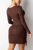 Brown Sexy Solid Patchwork O Neck Wrapped Skirt Dresses