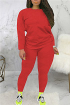 Red Fashion Casual Solid Basic O Neck Plus Size Set
