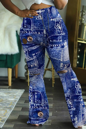 Pantalon décontracté imprimé à la mode bleu Pantalon régulier