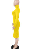 Yellow Fashion Sexy Adult Milk Fiber Solid Patchwork Turtleneck Long Sleeve Knee Length One-piece Suits Dresses