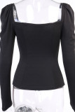 Black British Style Solid Patchwork Square Collar Mid Waist Tops