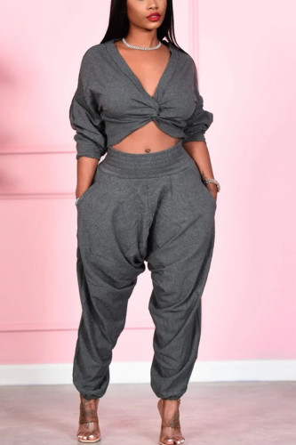 Grey Street Solid V Neck Long Sleeve Two Pieces