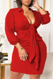 Robe mode sexy grande taille solide base col rabattu manches longues rouge