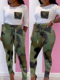 Vert armée Fashion Casual Camouflage Print Basic O Neck Plus Size Set