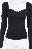 Black British Style Solid Patchwork Square Collar Mid Waist Tops