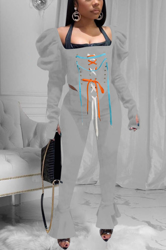 Grey Street Solid Bandage Square Collar Long Sleeve Two Pieces