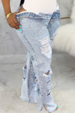 Calça jeans plus size rasgada casual moda azul bebê