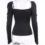White British Style Solid Patchwork Square Collar Mid Waist Tops