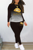 violet Fashion Casual Gradual Change Lips Printed Basic O Neck Long Sleeve Two Pieces