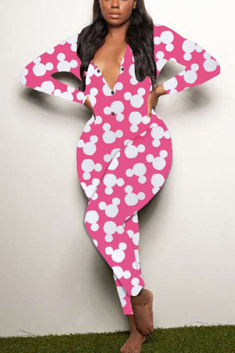 White Pink Living Print V Neck Skinny Jumpsuits