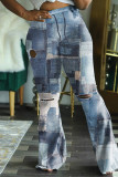 Pantaloni regolari con stampa casual blu alla moda
