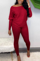 Red Sexy Solid Bateau Neck Long Sleeve Two Pieces