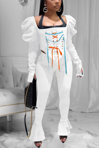 White Street Solid Bandage Square Collar Long Sleeve Two Pieces