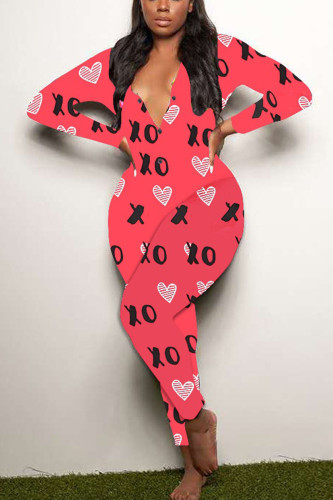 Red Living Print V Neck Skinny Jumpsuits