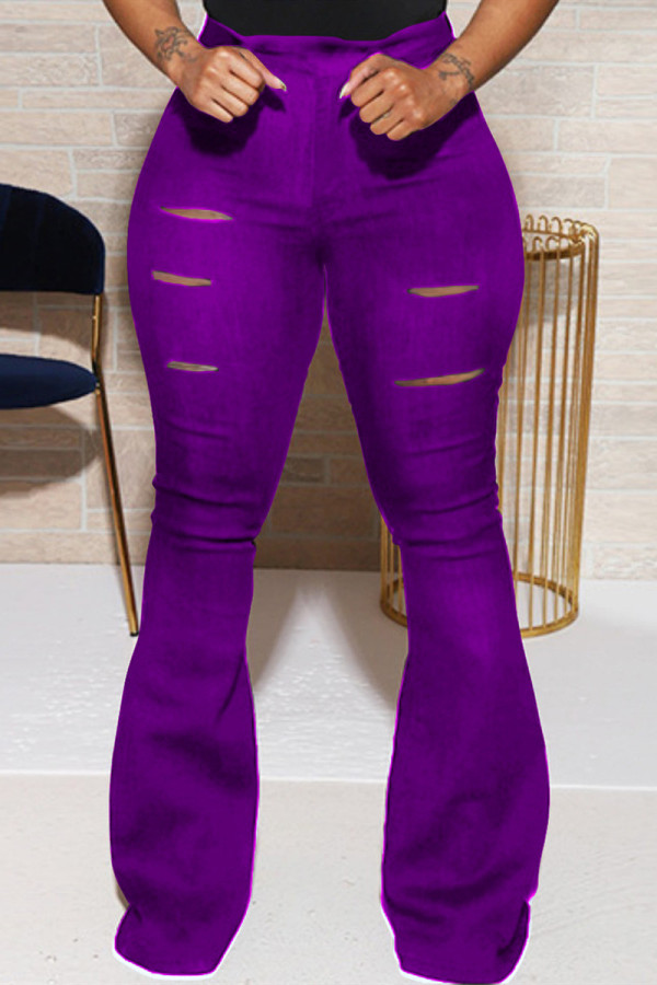 пурпурные модные повседневные однотонные рваные обычные брюки