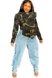 Camouflage O Neck Patchwork Camouflage Solid Old Die Cowboy Pure Langarm-Denimjacke
