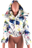 White Casual Print Hooded Collar Outerwear