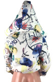 White Casual Print Hooded Collar Outerwear