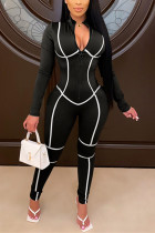 ブラックファッションカジュアルパッチワークパッチワークジッパーカラースキニージャンプスーツ