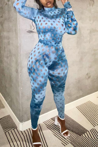 Blue Fashion Casual Print Ripped Turtleneck Long Sleeve Two Pieces