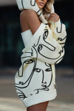 マルチカラー ファッション セクシー プリント バックレス フード付き 襟 長袖 ミニ プリント ドレス ドレス