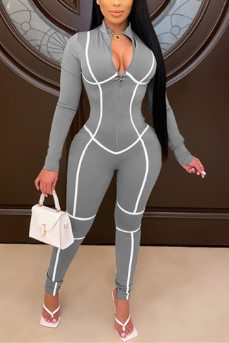 Grey Fashion Casual Patchwork Patchwork Zipper Collar Skinny Jumpsuits