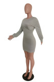 Grey Casual Solid Fold O Neck Wrapped Skirt Dresses
