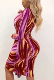 Vestidos de saia lápis roxo sexy com mudança gradual estampa patchwork tie-dye decote em V