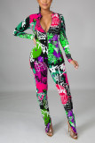 グリーンファッションカジュアルプリントベーシックジッパーカラースキニージャンプスーツ