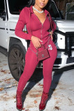 Wine Red Sportswear Solid Hooded Collar Long Sleeve Two Pieces