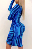 Blue Sexy Gradual Change Print Patchwork Tie-dye V Neck Pencil Skirt Dresses