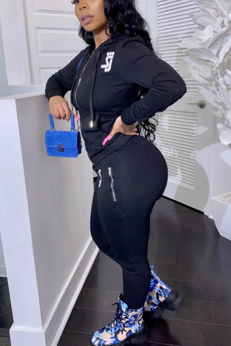 Black Sportswear Solid Hooded Collar Long Sleeve Two Pieces
