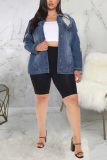 Blå Casual Solid Ripped Turndown-krage Plus Size