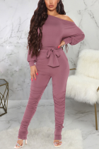 Pink Casual Solid Fold One-Shoulder Skinny Jumpsuits