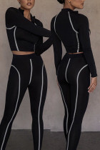 Black Casual Sportswear Solid Patchwork Turndown Collar Long Sleeve Two Pieces