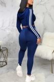 Blue Sexy Solid Patchwork Hooded Collar Long Sleeve Two Pieces