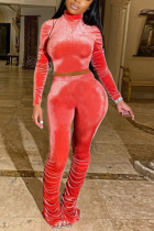 Красная сексуальная однотонная лоскутная водолазка с длинным рукавом из двух частей