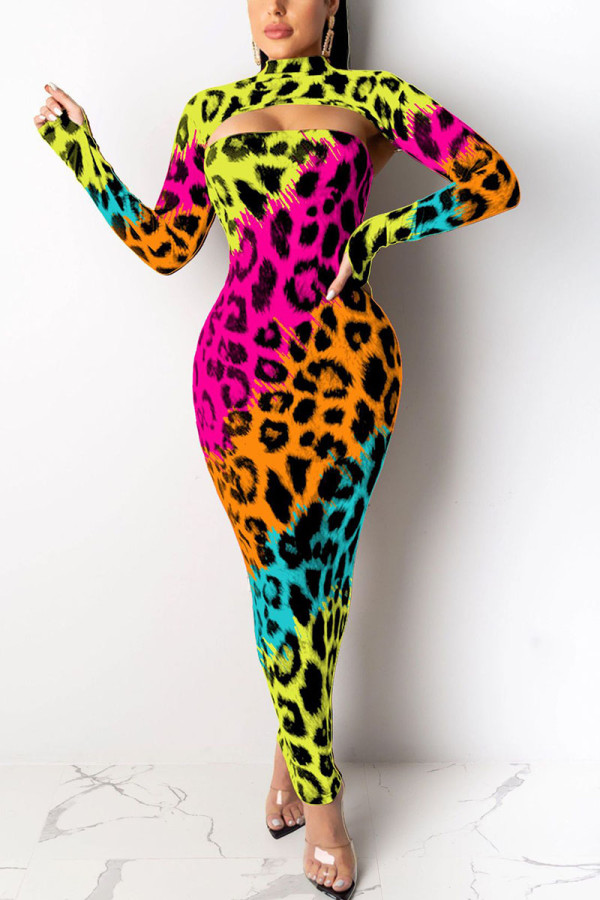 многоцветный уличный принт с леопардовым принтом и круглым вырезом с длинным рукавом из двух частей