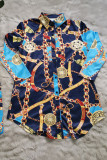 Top con cintura con stampa patchwork a maniche lunghe con colletto rovesciato blu