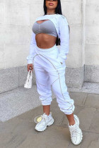 Белая мода Сексуальная однотонная выдолбленная лоскутная одежда с открытой спиной и круглым вырезом с длинным рукавом из двух частей