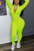 Verde fluorescente Street Sportswear Sólido O Cuello Manga larga Dos piezas