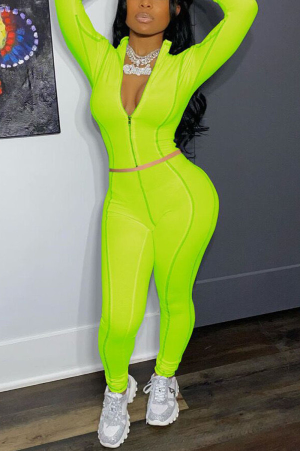 Verde fluorescente Street Sportswear Solid O collo manica lunga due pezzi