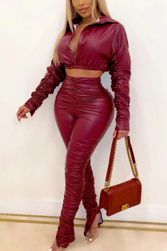 Wine Red Street Solid Fold V Neck Long Sleeve Two Pieces